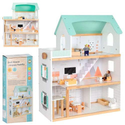 Деревянная игрушка Домик 64*79,5см, 3 этажа, свет, мебель, фигурки 3шт, бат