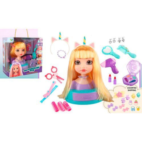 Лялька голова для зачісок 23см, тіні, помада 2шт, набір перукаря, аксесуари, плойка,ножиці, фен, гребінець, дзеркало, в кор. 28*28*16,5см   арт: SR001