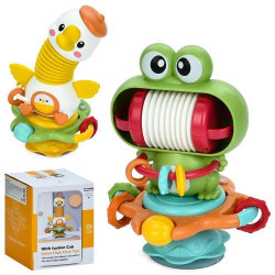 Брязкальце 21см, на присосці, текстурні деталі, присоска, пискавка, музика, звук(англ), звуки тварин, рухливі деталі,  2 види (жаба, гусак), на батар., в кор. 13,5*18*12см  арт: 230A-B