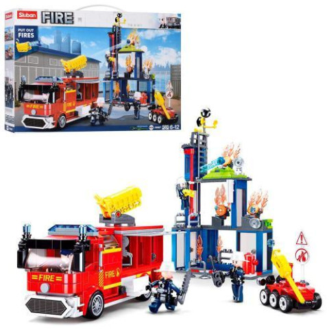 Конструктор SLUBAN Пожарная, транспорт, здание, фигурки, 585дет, в кор. 47,5*33*7см 