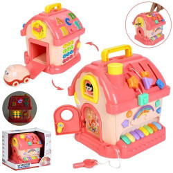 Бізіборд, 20*2119см, музичний будинок, навчальний, звук англ. (літери, цифри), музика-звук(англ), світло, піаніно, годинник*тріскачка, двері+ключ, лабіринт, гараж, машинка 8,5см, рухливі деталі, 2 режими гучності, на батар., в кор. 28*25*21,5см  арт: 216