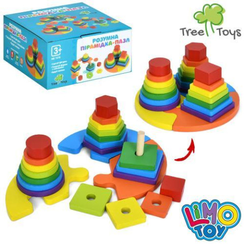 Деревянная игрушка LIMO TOY Геометрика, игровое поле-пазл, пирамидка 3шт, 24дет, в кор. 17*17*8,5см 