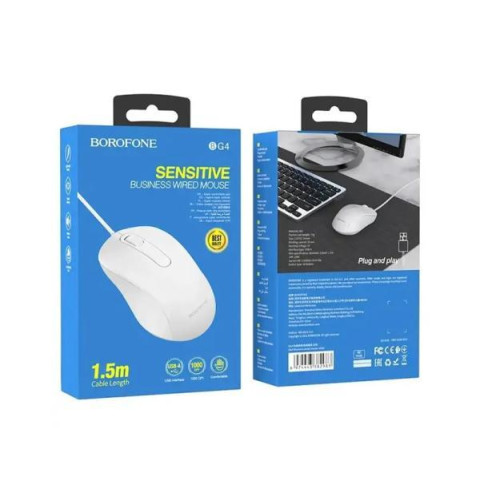 Мышь Borofone BG4, проводная USB, белая, в кор. 11*17*4см (28)