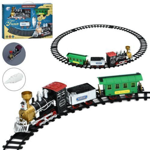 Залізниця локомотив 20см, йде пара, вагон 2шт, звук, світло, на батар., в кор. 41*28*7см  арт: 823-1