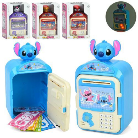 Копилка 14,5*11,5*26см, сейф с кодом, отпечаток, затягивает купюры, музыка, деньги, 4 вида 