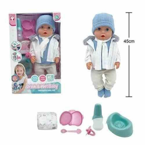 Пупс 45см, пьет из бутылочки, ходит на горшок, закрывает глаза, съемную одежду, аксессуары, в кор. 43*27*13см 