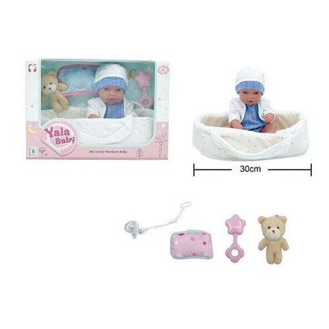 Пупс гумовий, 30см, кокон з ручками, подушечка, брязкальце, пустушка, ведмедик, в кор. 33*23*12см  арт: YL2512D-A
