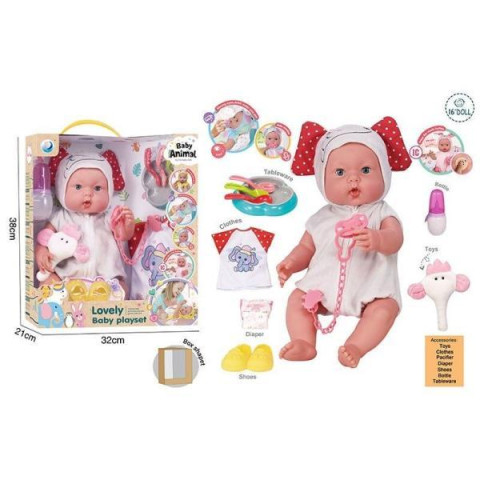 Пупс 39см, музыкальный чип, закрывает глаза, съемная одежда, пустышка, обувь, подгузник, ходит в туалет, бутылочка, тарелочка, ложечки, в кор. 38*31*21см 