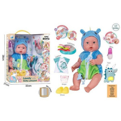 Пупс 39см, музичний чіп, закриває очі, знімний одяг, пустушка, взуття, підгузок, ходить в туалет, пляшечка, тарілочка, ложечки, в кор. 38*31*21см  арт: DH2377H