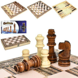 Шахи дерев'яні, 33,5*33,5, 3в1(шашки, шахи та нарди), фігури дерев'яні, в кор. 34*17,5*4см   арт: A0109