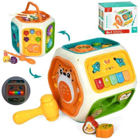 Бізікуб, багатогранник, 17*18,5*18см, 8в1, музика, світло, риболовля , піаніно*5 тонів, барабан, молоток, шестерні, ксилофон(5тонів, 2палички), сортер , на батар., в кор. 23*19,5*18,5см    арт: 991