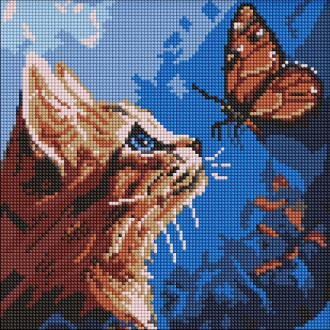 Алмазна мозаїка "Котик та метелик" 30х30см, термопакет, ТМ Ідейка, Україна арт: AMO20076