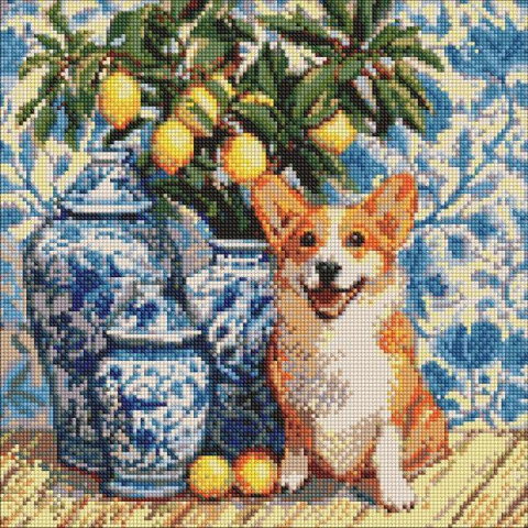 Алмазна мозаїка "Коргі та лимони" 40х40см, термопакет, ТМ Ідейка, Україна арт: AMO20217