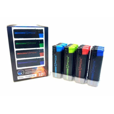 Зажигалка Турбо FOX FX-809 LED CR, с фонариком, заправляемая, ЦЕНА ЗА УП. 12ШТ, в кор. 12*8*5,5см