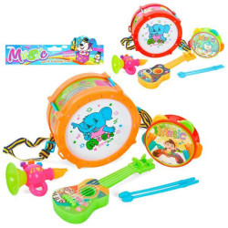 Музыкальные инструменты барабан, палочки 2шт, бубен, дудка, гитара, 2 цвета, пак. 24*28*10см 
