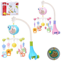 Карусель для кроватки, подвески 5шт: погремушка, 4 фигурки животных, 1 шарик), блок-медвежонок, музыка, подсветка,  в кор. 31*25*7см 