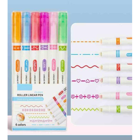 Набор 6 цветных маркеров-ролеров для фигурного подчеркивания