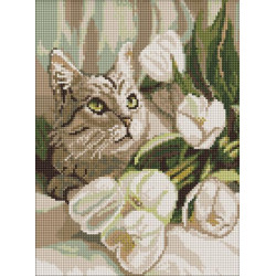 Алмазная мозаика "Зеленоглазый кот с тюльпанами" 30*40см, термопакет, ТМ Идейка, Украина