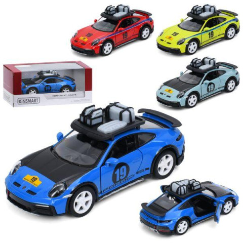 Машина інерція "Kinsmart" Porsche 911 Rallye з багажником на даху, метал, 12,5см, 1:36, відчиняються двері, гумові колеса, 4кольори, в кор. 16*7*7,5см 
