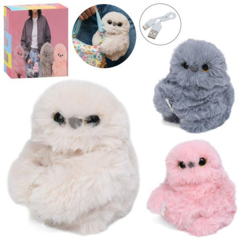 Мягкая игрушка Сова 17*12*14см, подвижная голова, звук, акум, USBзарядное, аксессуар на сумку 