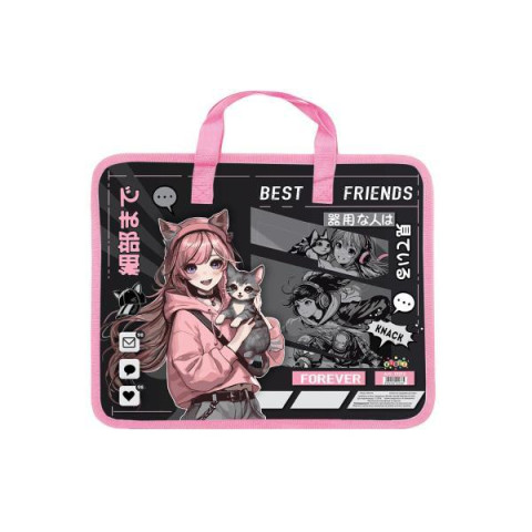 Папка-портфель пластиковая А4 на молнии Kidis Anime Girls с текстильными ручками 