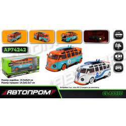 Машина мет. АВТОПРОМ 1:32 Volkswagen t1 bus, 2 цвета бат, свет,  звук, откр.двери, в кор. 19,5*9*9см 